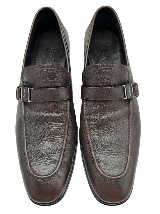 $950 Salvatore Ferragamo Mens PINOT Brown Leather Shoes Silver Bit Loafers 10 D main image 9